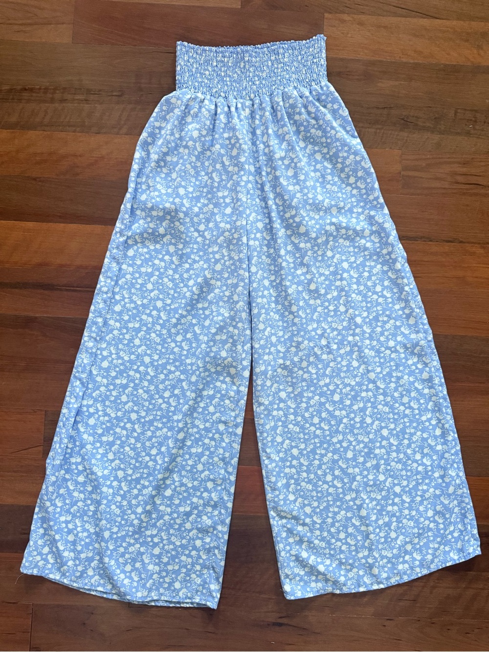 Light Blue Floral Smocked-Waist Pants